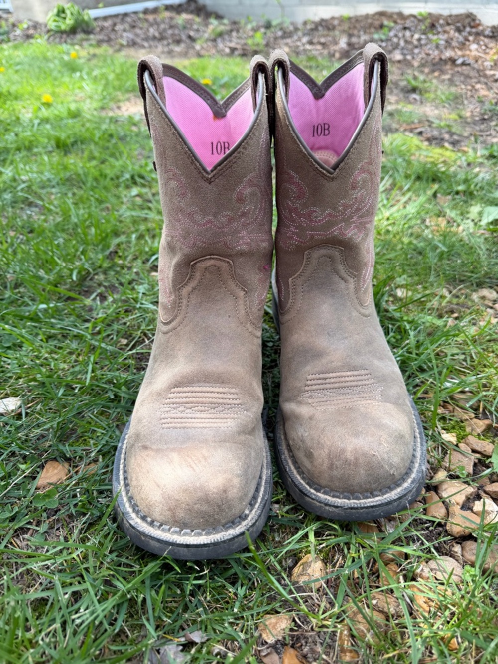 Ariat Brown Suede Western Work Boots with Pink Lining
